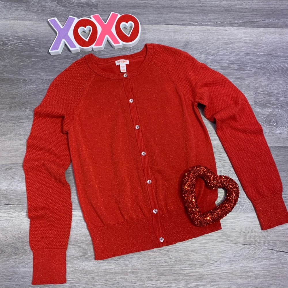 NWOT Cat & Jack Girls Red Sparkle Cardigan Sweater - size XL (14-16)